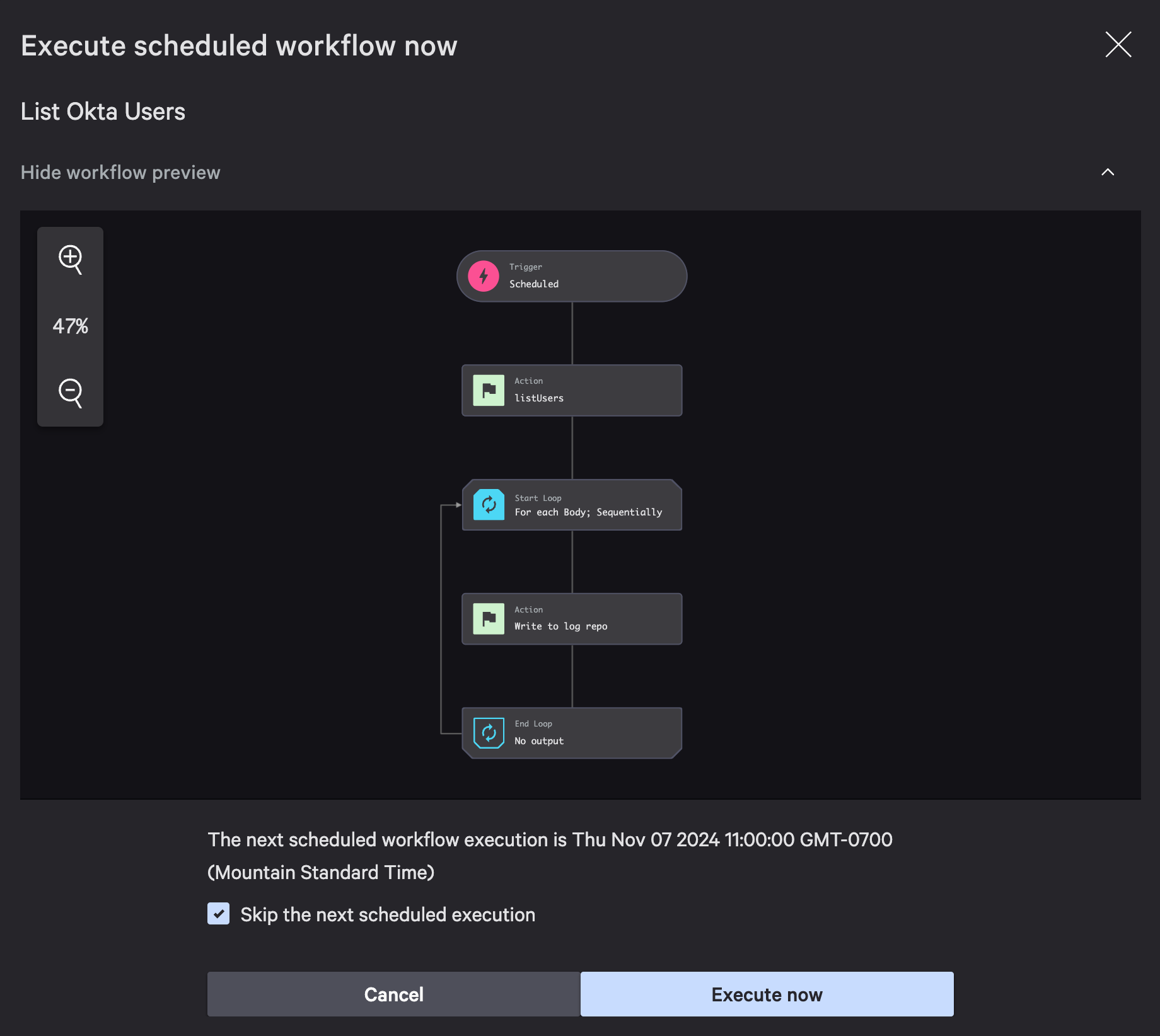 Execute workflow dialog